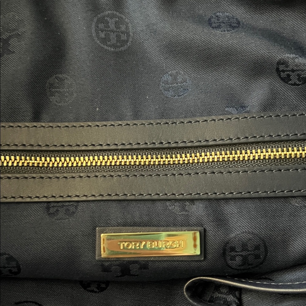 Tory Burch Navy and Green Patterned Fabric Tote with Leather Trim - Picture 4 of 6